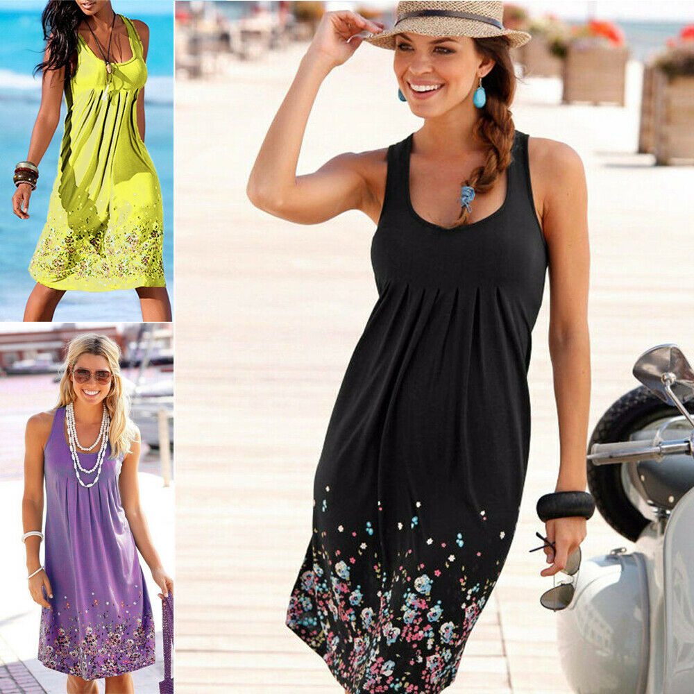 Womens Floral Sundress Knee Length Summer Loose Sleeveless Dresses Floral Print Fashion Beach Dress Summer Womens New PLUS SIZE