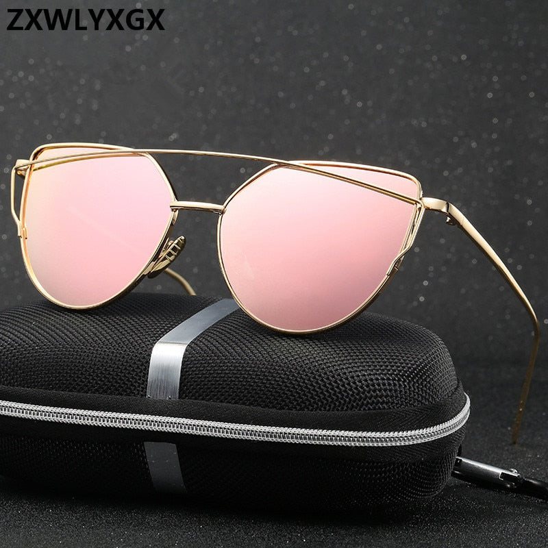 2019 metal Sunglasses Women Luxury Cat eye Brand Design Mirror  Rose New Gold Vintage Cateye Fashion sun glasses lady Eyewear