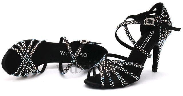 WUXIJIAO Women Party Dance Shoes  Satin Shining rhinestones Soft Bottom Latin Dance Shoes Woman Salsa Dance Shoes heel5CM-10CM