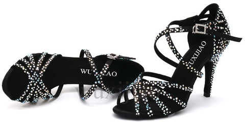 WUXIJIAO Women Party Dance Shoes  Satin Shining rhinestones Soft Bottom Latin Dance Shoes Woman Salsa Dance Shoes heel5CM-10CM