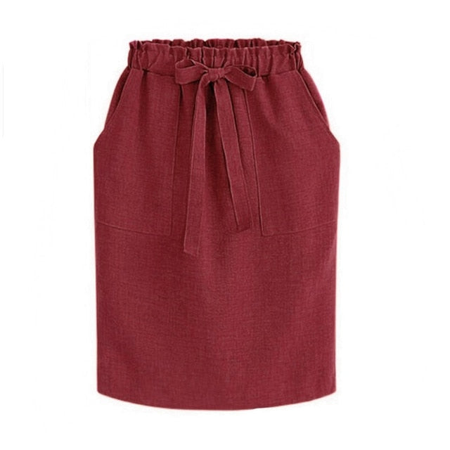 2019 New Spring Summer Elegant Midi Skirts Womens Office Pencil Skirt Cotton Elastic Waist Package Hip Skirt Bow Skirt Green