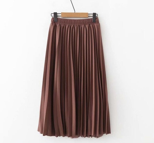 2019 Spring Summer Women High Waist Skirt Solid Color Pleated Skirt Women Causal Midi Skirts