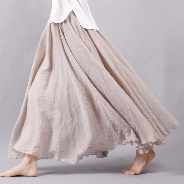 Sherhure 2019 Women Linen Cotton Long Skirts Elastic Waist Pleated Maxi Skirts Beach Boho Vintage Summer Skirts Faldas Saia